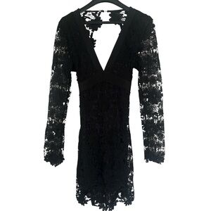 Long Sleeve Black Floral Lace Dress - XL